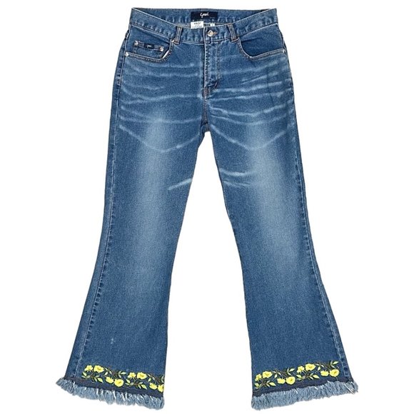 YAGI U.S.A. Vintage Mid-Rise Floral Embroidered Fringe Hem Flare Jeans Y2K Sz 7 - Picture 1 of 16